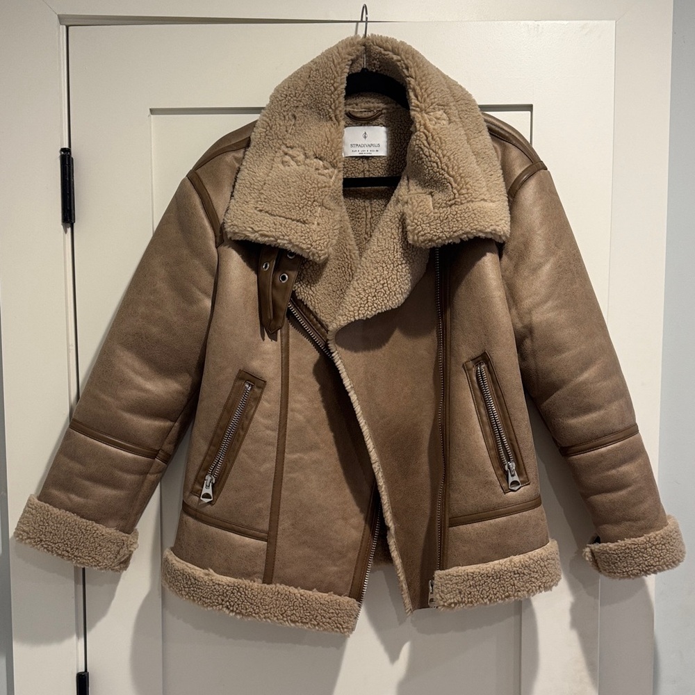 Stradivarius Tan Teddy Jacket with Shearling Lining